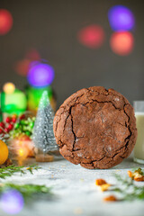 sweet baked Christmas pastry bun dessert cookie tasty festive cake, atmosphere lights garland
top view copy space food background rustic