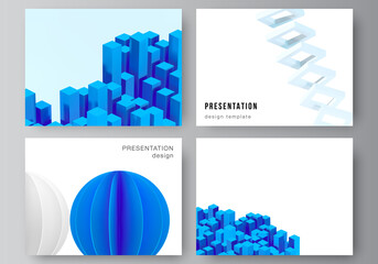 Vector layout of presentation slides design templates, template for presentation brochure, brochure cover, business report. 3d render vector composition with dynamic geometric blue shapes in motion.