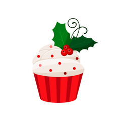 Christmas cupcake with mistletoe - cute winter sweets food. Xmas icing muffin sugar cream with mistletoe red berry and green leaves. Flat cartoon dessert vector illustration.