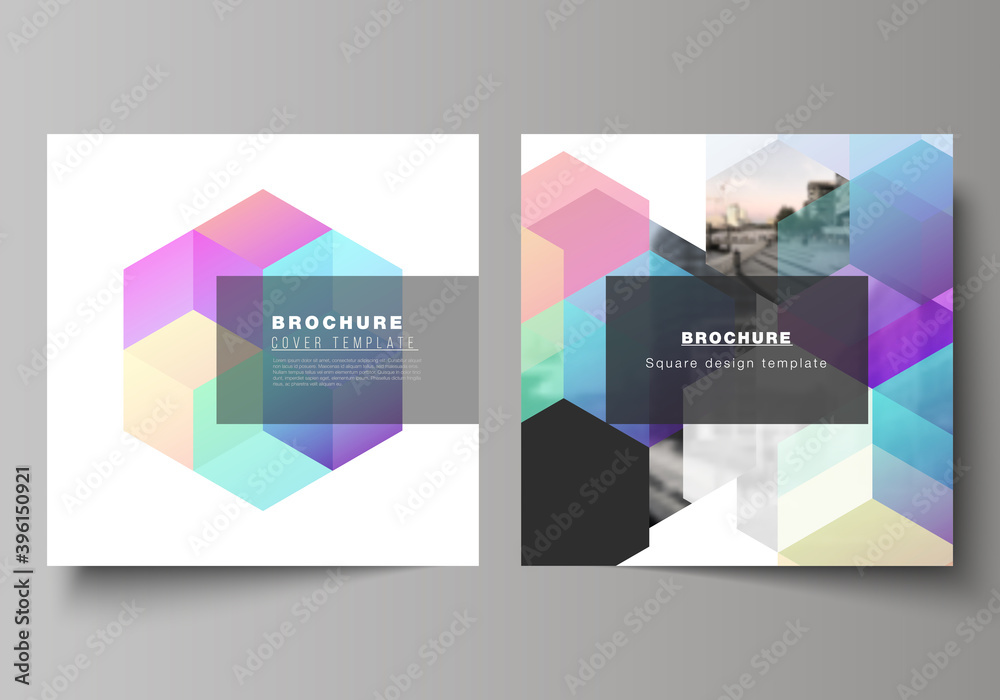 Wall mural vector layout of two square format covers design templates with colorful hexagons, geometric shapes,