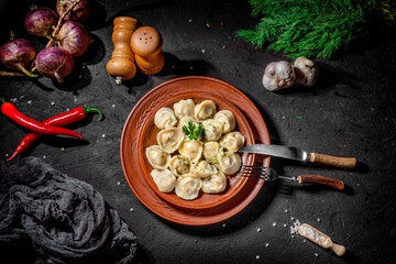 Homemade meat dumplings served with sour cream and fresh parsley on plate on dark background