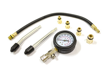 Compression meter use for measure car cylinder compression on white background, Isolated.