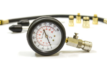 Compression meter use for measure car cylinder compression on white background, Isolated.