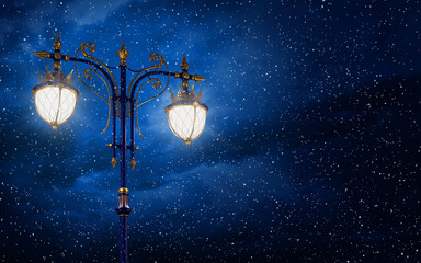3d render of a street lamp. Night dark blue sky. Snowfall.