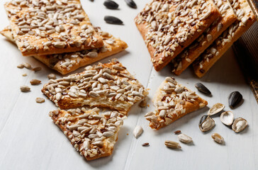 Grain cracker on the table. A healthy snack.
