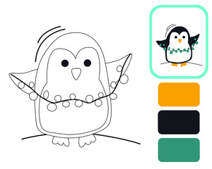 Cute little penguin. Coloring by example. Educational illustration for the development of kids. Coloring book for children. Vector illustration isolated on white background.