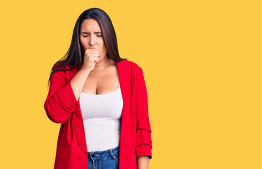 Young beautiful brunette woman wearing elegant clothes feeling unwell and coughing as symptom for cold or bronchitis. health care concept.