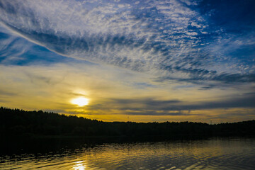 Sunset river water reflection landscape. River sunset reflection. Sunset river landscape. Sunset...
