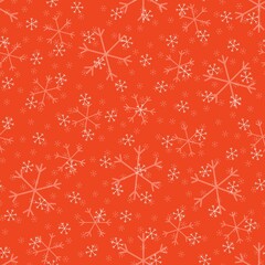 Seamless Christmas pattern doodle with hand random drawn snowflakes.Wrapping paper for presents, funny textile fabric print, design,decor, food wrap, backgrounds. new year.Raster copy.Coral, pink