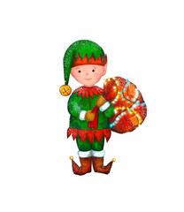 Cute Christmas elf kid with a bag of gifts and glowing garlands isolated on a white background. Digital illustration