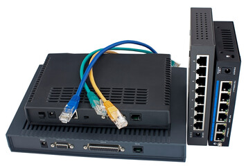 two routers, LAN cables and two modems