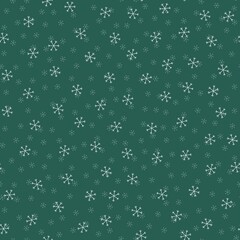 Seamless Christmas pattern doodle with hand random drawn snowflakes.Wrapping paper for presents, funny textile fabric print, design,decor, food wrap, backgrounds. new year.Raster copy.Green, white