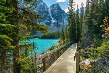 Moraine lake beautiful landscape in summer to early autumn sunny day morning. Sparkle turquoise blue water, snow-covered Valley of the Ten Peaks. Banff National Park, Canadian Rockies, Alberta, Canada
