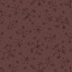 Seamless Christmas pattern doodle with hand random drawn snowflakes.Wrapping paper for presents, funny textile fabric print, design,decor,food wrap,backgrounds. new year.Raster copy.Coffee color black