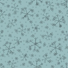Seamless Christmas pattern doodle with hand random drawn snowflakes.Wrapping paper for presents, funny textile fabric print, design,decor, food wrap, backgrounds. new year.Raster copy.Sky gray, black