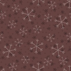 Seamless Christmas pattern doodle with hand random drawn snowflakes.Wrapping paper for presents, funny textile fabric print, design,decor,food wrap,backgrounds. new year.Raster copy.Coffee color lilac