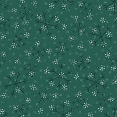 Seamless Christmas pattern doodle with hand random drawn snowflakes.Wrapping paper for presents, funny textile fabric print, design,decor, food wrap, backgrounds. new year.Raster copy.Green, white