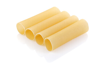 Italian pasta for tubes cannelloni. Close-up of a of raw cannelloni pasta, a tubular pasta that is usually stuffed with meat or vegetables, on a white background. Full depth of field.