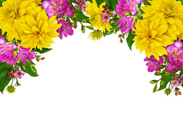 Yellow rudbeckia and freesia flowers with green leaves in a top border arrangement isolated on white