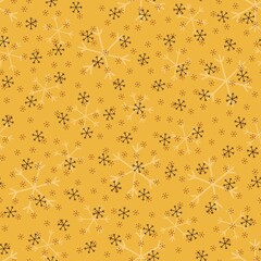 Seamless Christmas pattern doodle with hand random drawn snowflakes.Wrapping paper for presents, funny textile fabric print, design,decor, food wrap, backgrounds. new year.Raster copy.Mustard black