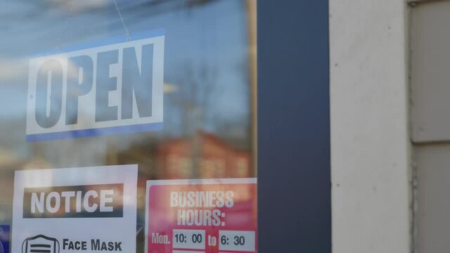 Open sign through glass window Mask Requirement sign Business Hours