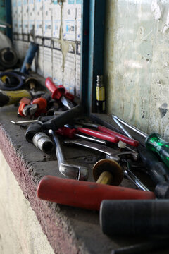 repair tools on shelves in an automobile mechanic, repair tools,