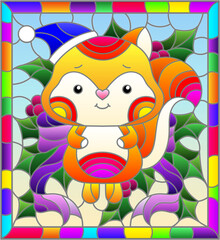Illustration in stained glass style on the theme of the winter holidays of Christmas and New year, a toy fox on the background of Holly branches