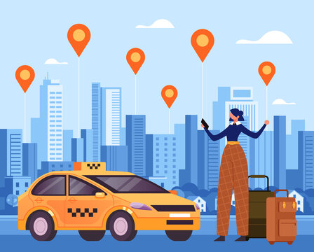 Woman traveler character making order by taxi mobile internet online app and waiting car. Vector flat graphic design illustration