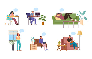 People cartoon dreaming at home and office concept. Vector flat graphic design illustration