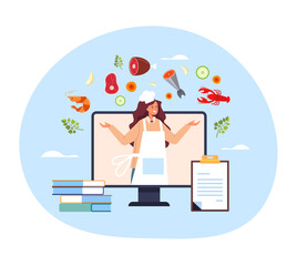 Woman chef teaching how to cook online. Internet web recipe tutorial lesson training class concept. Vector flat graphic design illustration