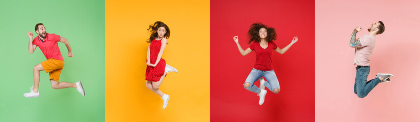 Photo set collage of four multiethnic expressive happy young people group wearing t-shirts having fun, jumping or flying up in air different poses isolated on colorful background, studio portraits.