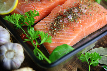 Delicious salmon with spices and garlic