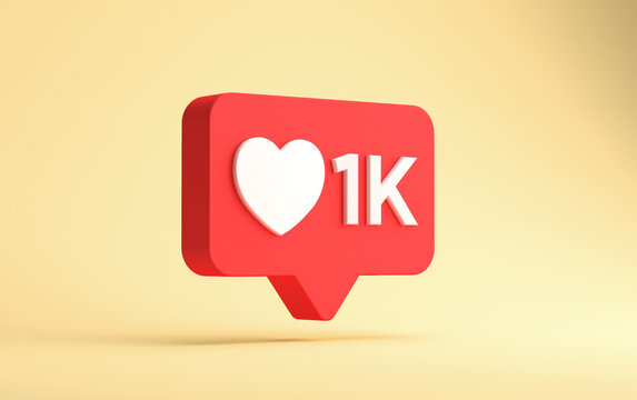 Social network one thousand likes notification isolated on a yellow background. 3d rendering