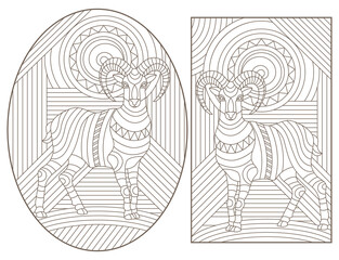 Set of contour illustrations in stained glass style with rams on an abstract geometric background, dark contours on a white background
