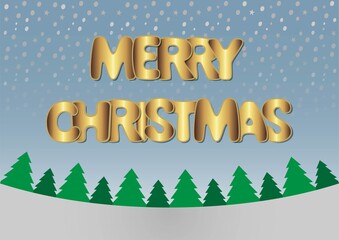 greeting card with trees and golden merry christmas text