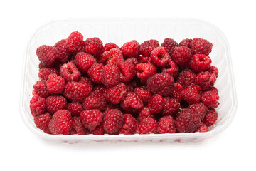 Raspberry in plastic container isolated on white background.