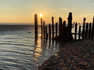 Winchelsea beach landscape view at low tide exposing flat sand with wooden sea groynes protruding from the sand