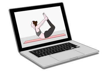 パソコン画面に映るヨガポーズの女性