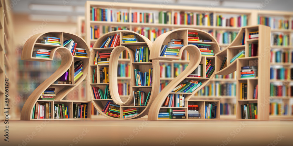 Aufkleber 2021 new year education concept. bookshelves with books in the form of text 2020 in library.