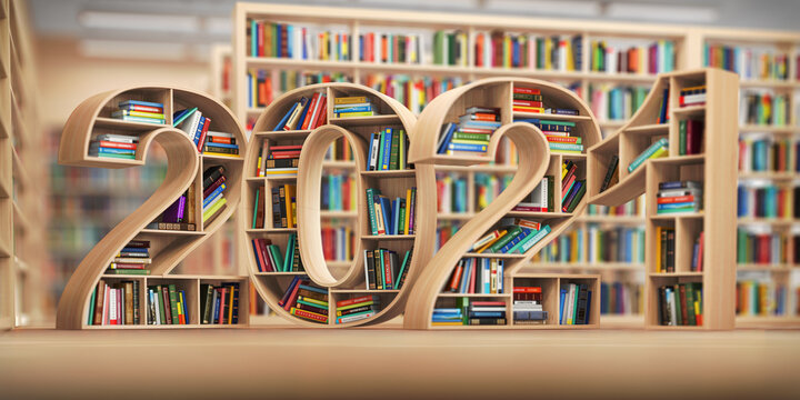 2021 new year education concept. Bookshelves with books in the form of text 2020 in library.