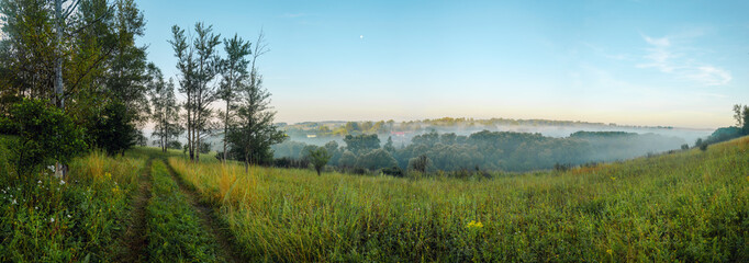 Serene summer landscape with green hills and trees during foggy morning