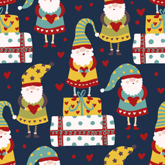 Fairytale fantastic gnome dwarf elf cartoon doodle funny vector seamless pattern. Cute kids background. Lovely elf with gift heart graphic.