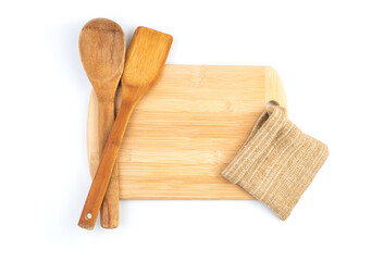 Kitchen accessories on a white background. Top view with space to copy. The concept of cooking.