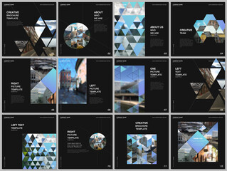 Brochure layout of square covers design templates with triangles, triangular pattern for square flyer leaflet, brochure design, report, presentation, magazine cover. Background with place for photo.