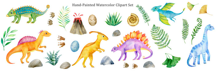 Watercolor dinosaurs cartoon characters. Children illustration, bright colorful jungle animals isolated on white background