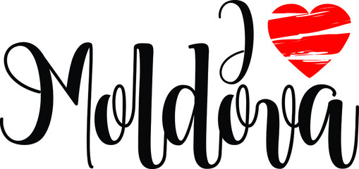 I Love Moldova Country Name Bold Calligraphy Black Color Text With Red Heart 