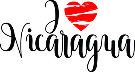 I Love Nicaragua Country Name Bold Calligraphy Black Color Text With Red Heart 