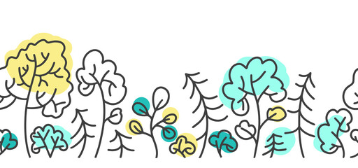 Trees and Christmas trees seamless border with forest . Hand drawn doodle background for frames. Vector illustration