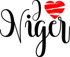 I Love Niger Country Name Bold Calligraphy Black Color Text With Red Heart 