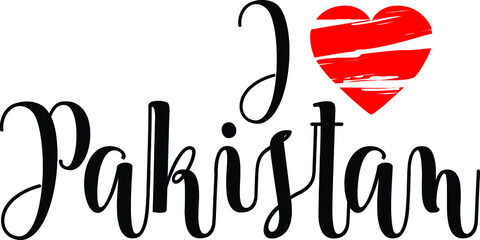 I Love Pakistan Country Name Bold Calligraphy Black Color Text With Red Heart 